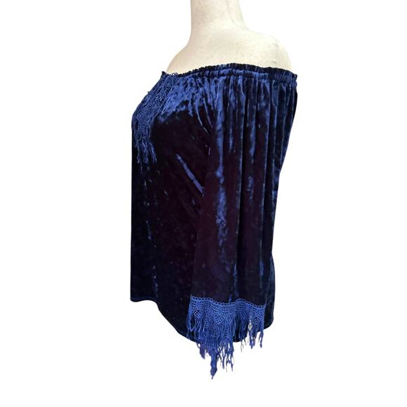 Y2K Velvet Velour Fringe Off Shoulder Peasant Top L/XL Whimsigoth Dark Fairy - Picture 3 of 11